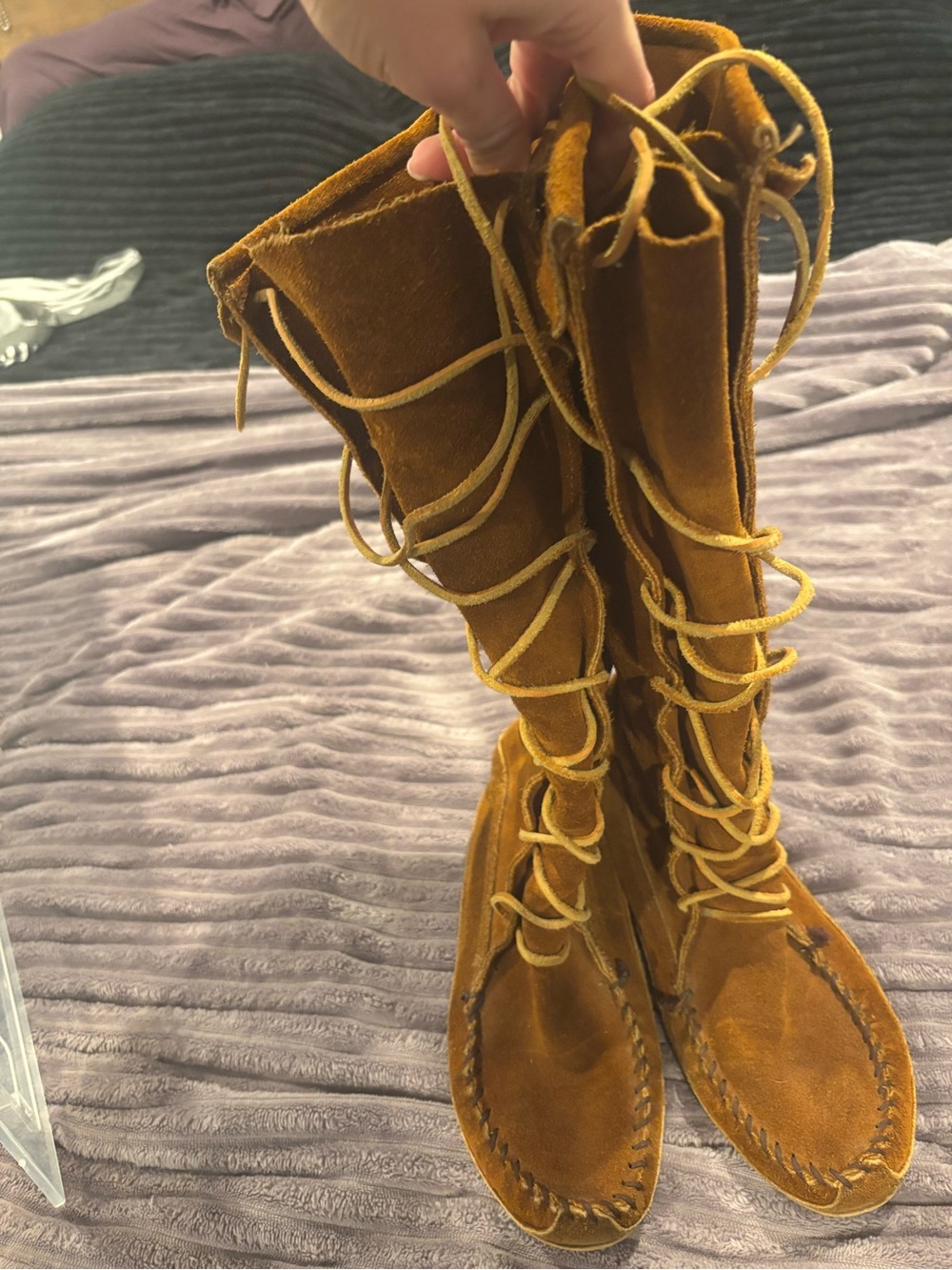 Minnetonka Cognac Suede Lace-Up Tall Moccasin Boots - Picture 2 of 3